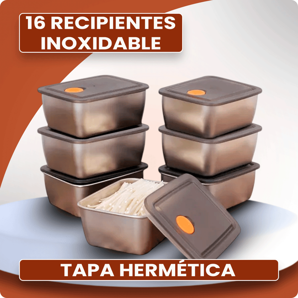 Set Premium de 16 Recipientes de Acero Inoxidable con Tapa Hermética Antifugas, Resistentes al Frío y al Calor