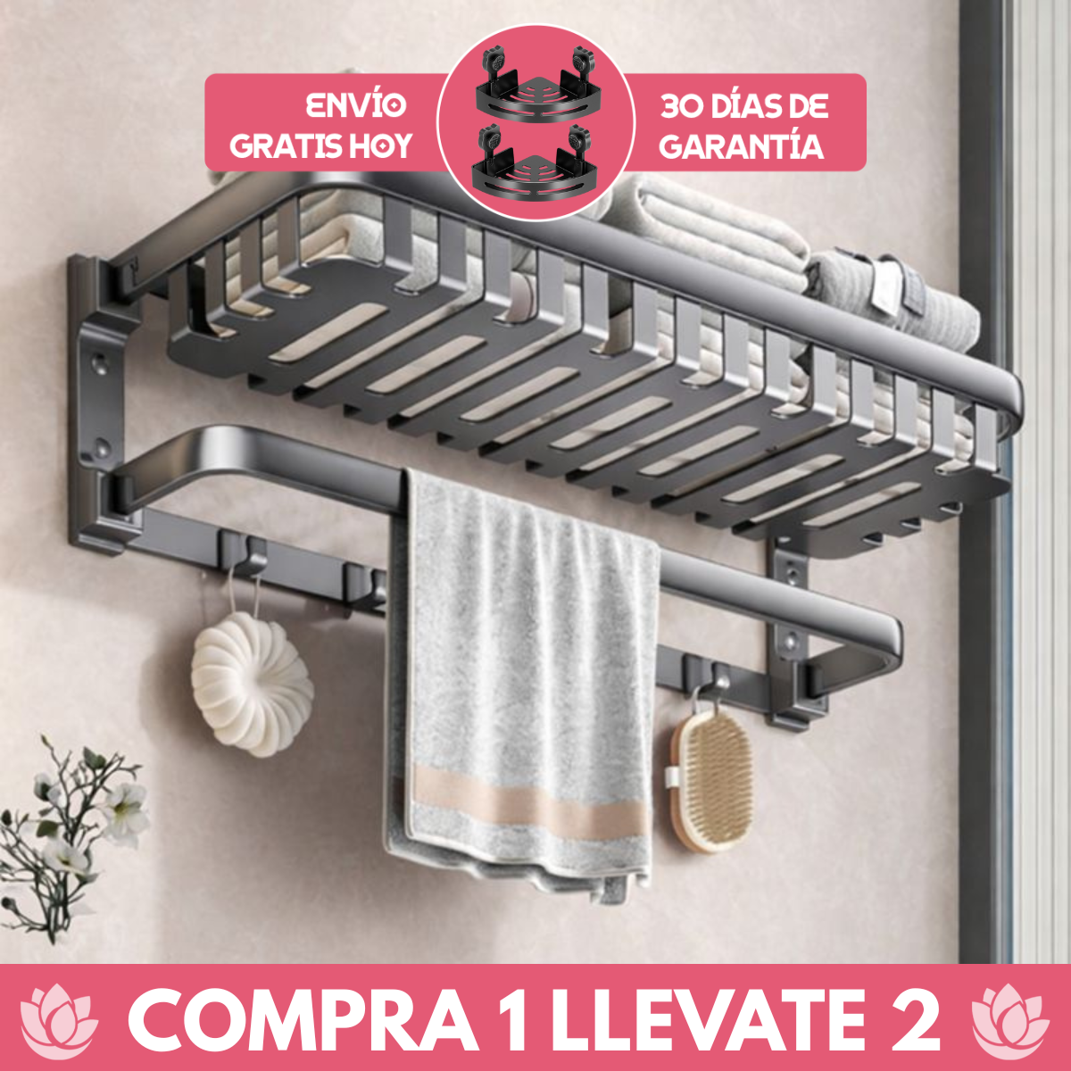 Promo 2x1: Organizador de Baño de Acero Inoxidable con Sistema de Sellado al Vacío + 2 Soportes de REGALO